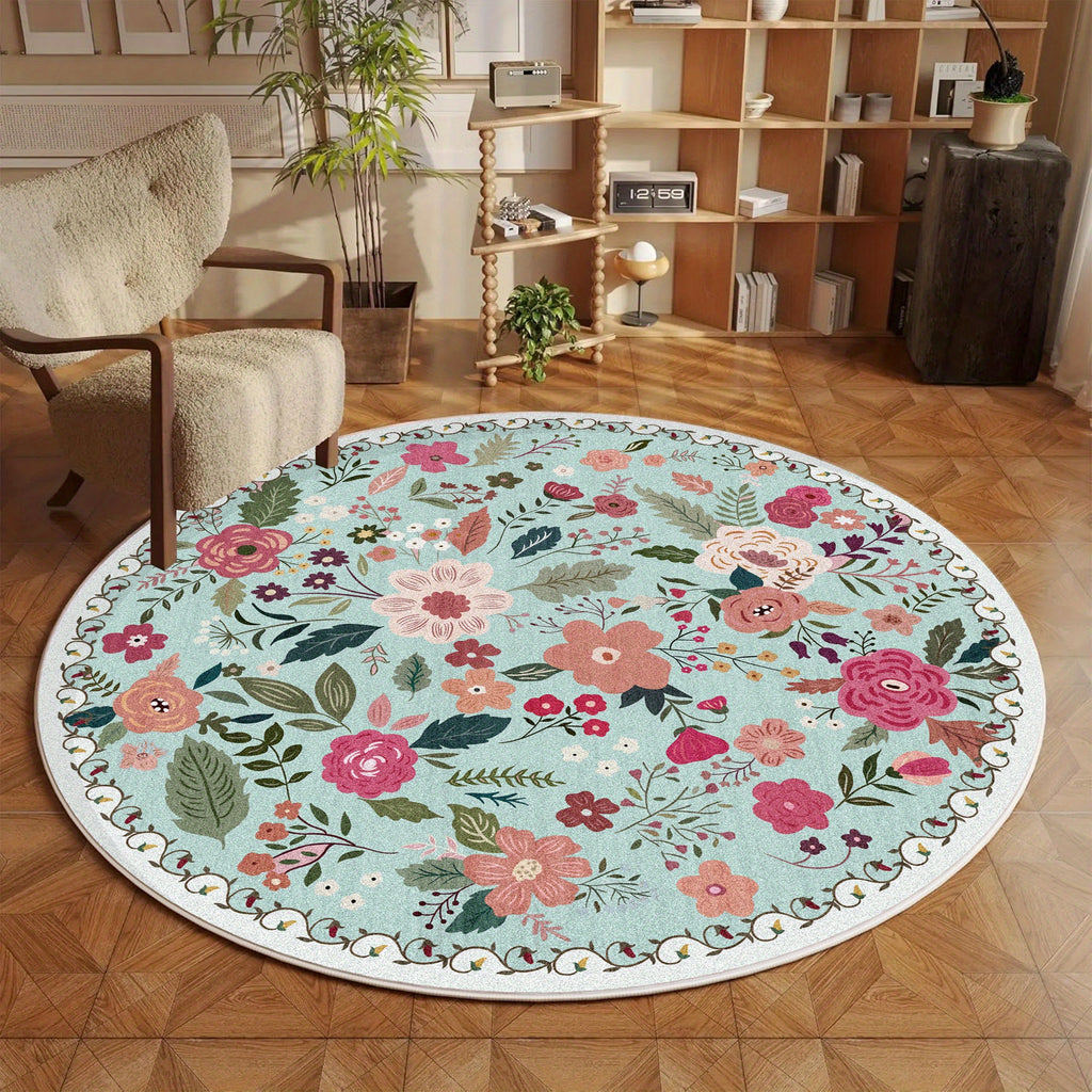Tapis rond vert d'eau à bouquets fleuris rétro, 3 tailles