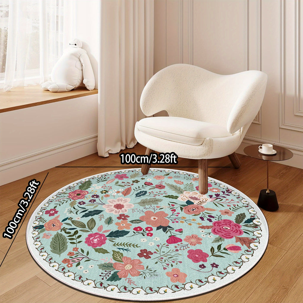 Tapis rond vert d'eau à bouquets fleuris rétro, 3 tailles
