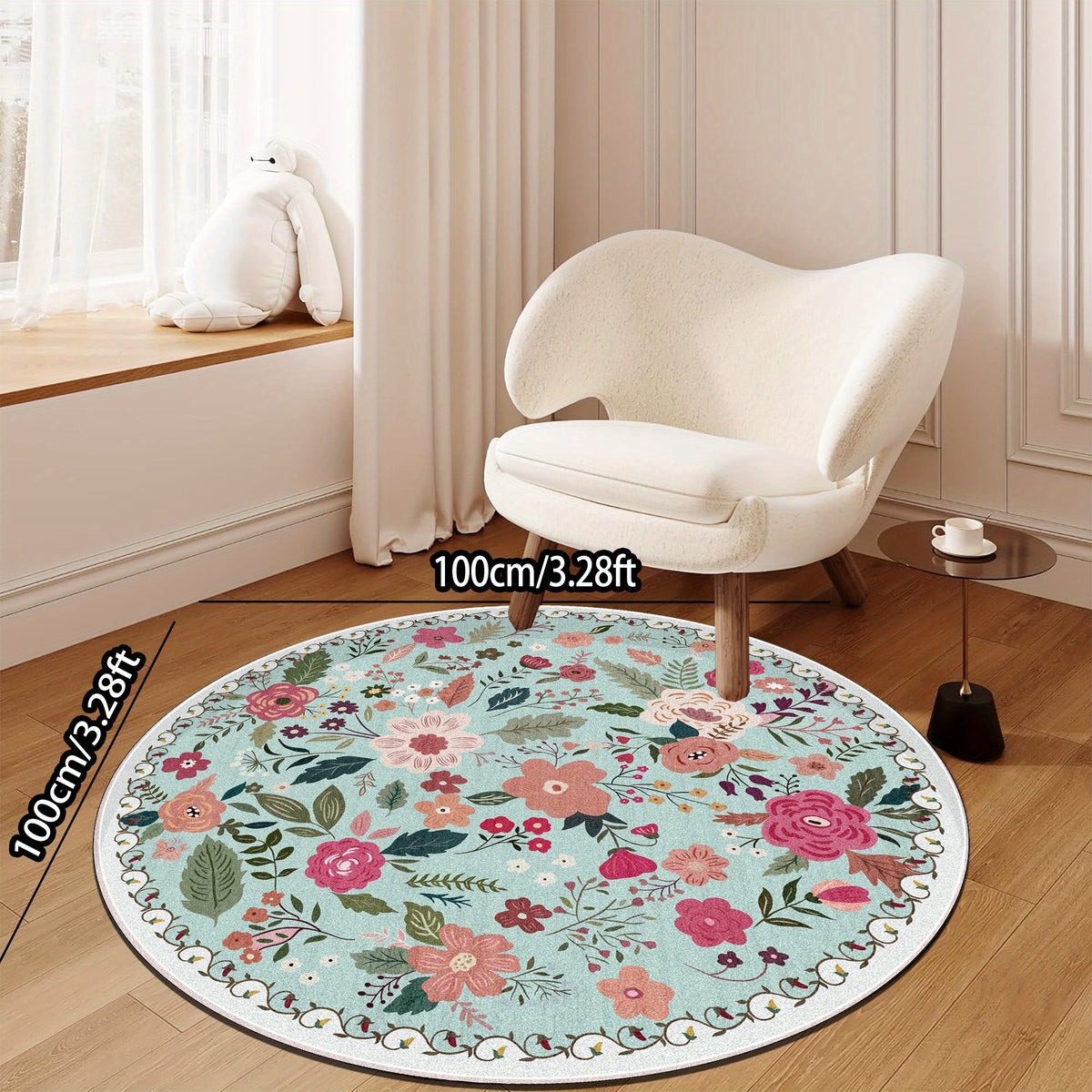 Tapis rond vert d'eau à bouquets fleuris rétro, 3 tailles