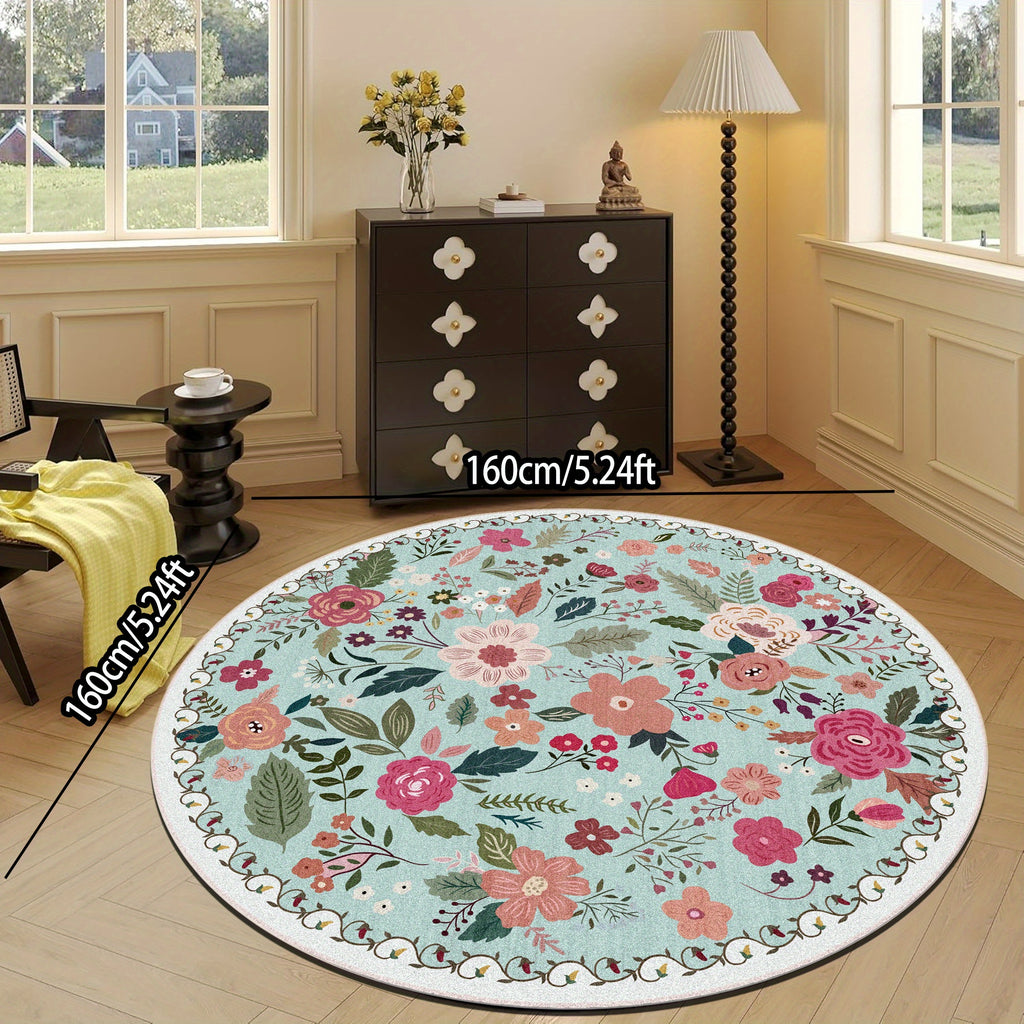 Tapis rond vert d'eau à bouquets fleuris rétro, 3 tailles