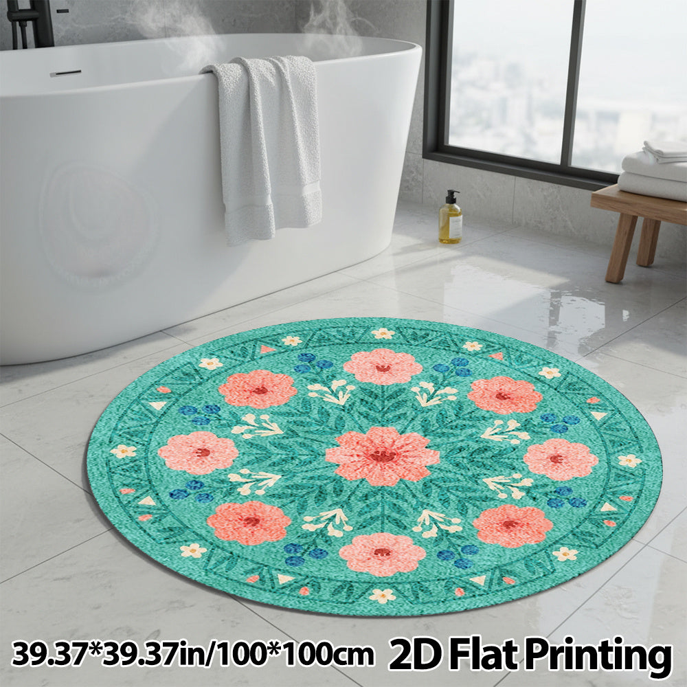 Tapis rond vert d'eau à fleurs corail, six diamètres au choix