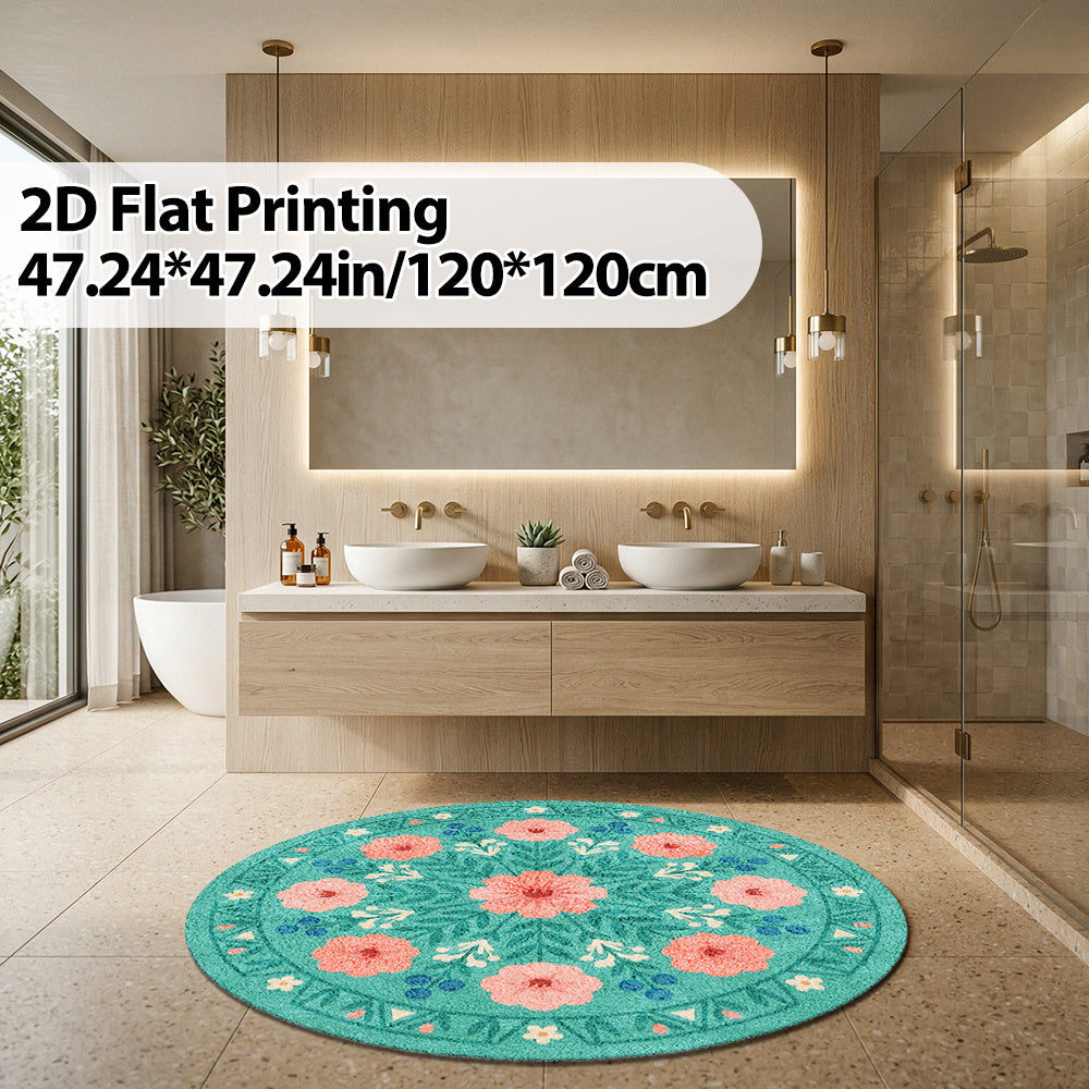 Tapis rond vert d'eau à fleurs corail, six diamètres au choix