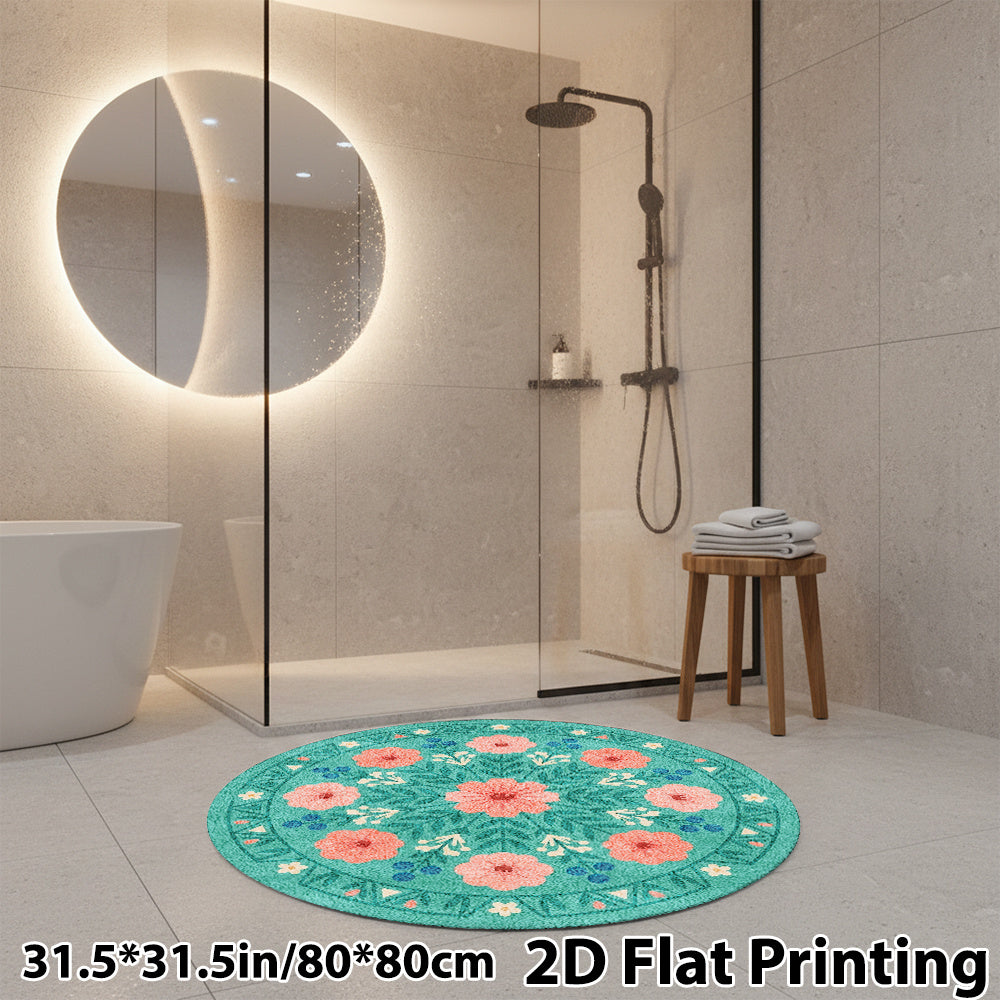 Tapis rond vert d'eau à fleurs corail, six diamètres au choix