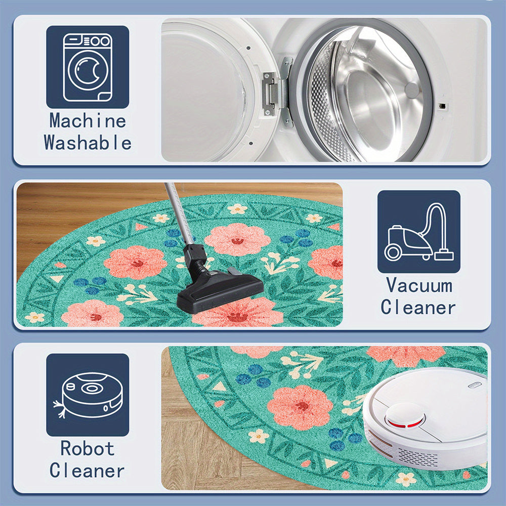 Tapis rond vert d'eau à fleurs corail, six diamètres au choix