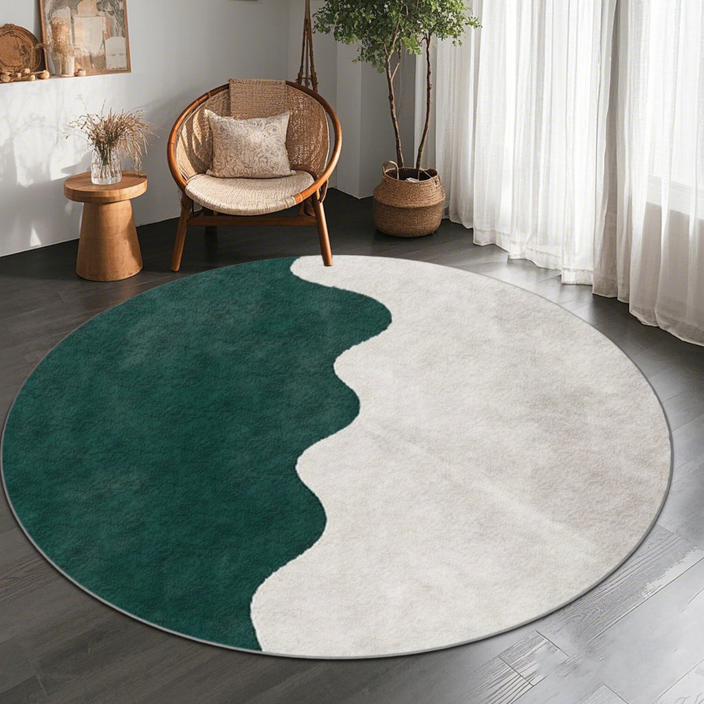 Tapis rond vert émeraude et crème, motif de vague bicolore