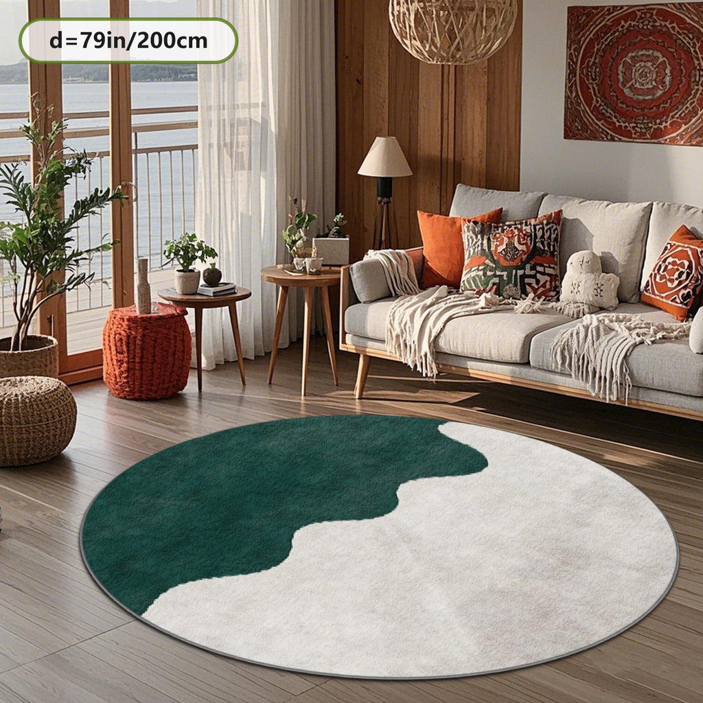 Tapis rond vert émeraude et crème, motif de vague bicolore