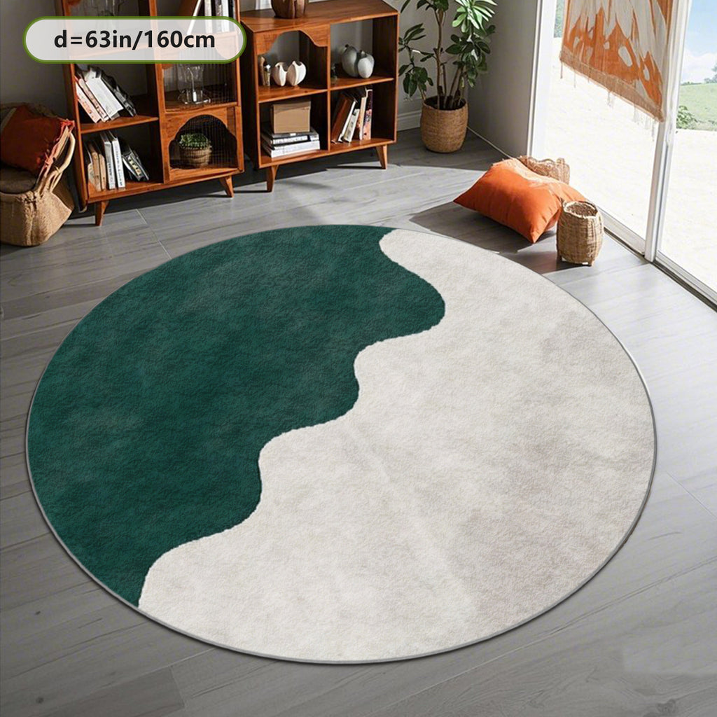 Tapis rond vert émeraude et crème, motif de vague bicolore
