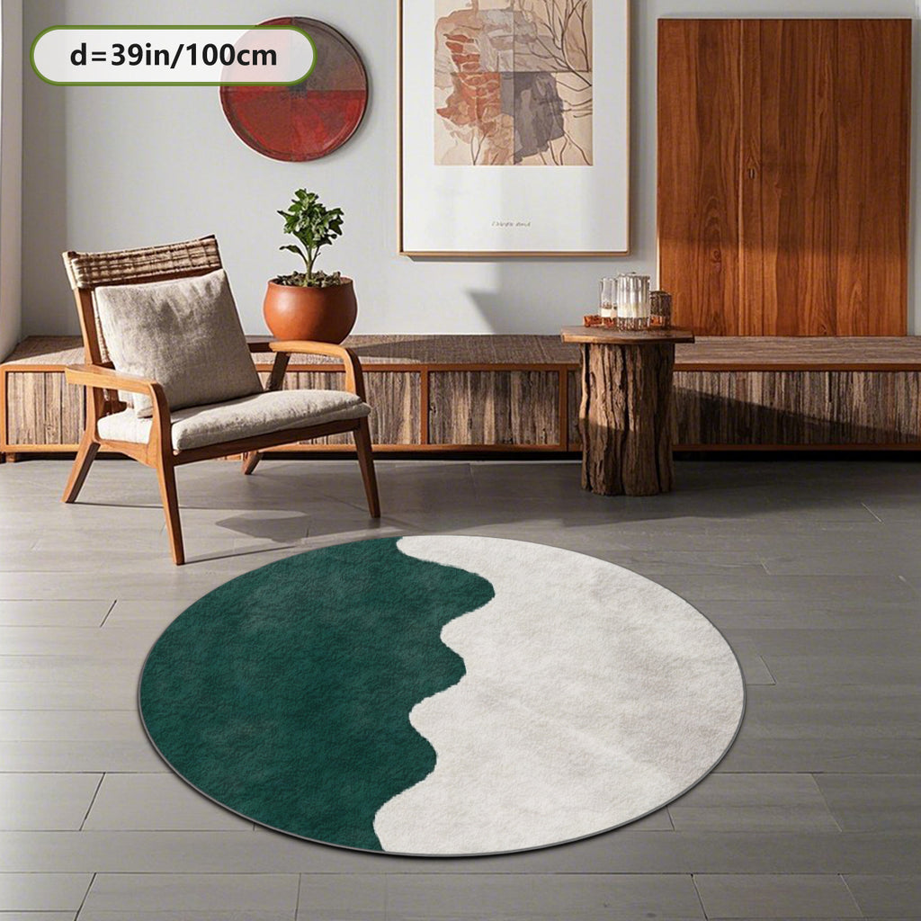 Tapis rond vert émeraude et crème, motif de vague bicolore