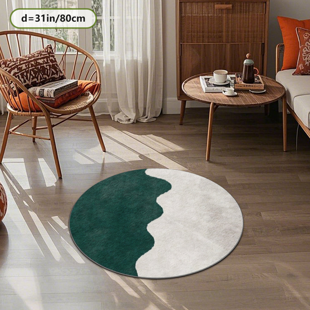 Tapis rond vert émeraude et crème, motif de vague bicolore