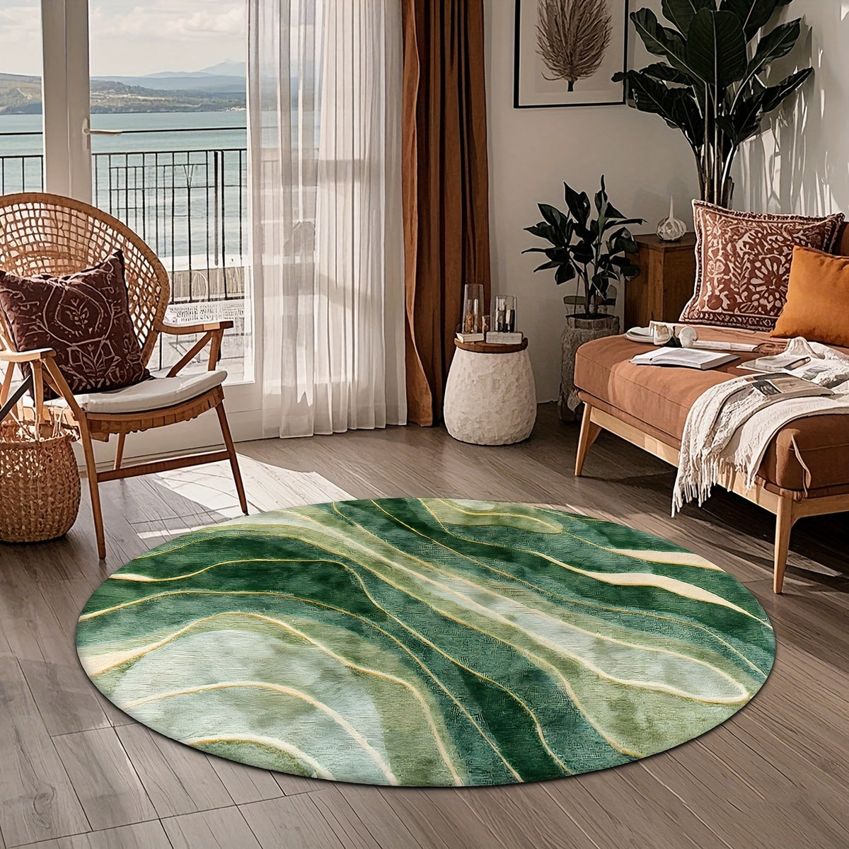 Tapis rond vert émeraude aux veines dorées, effet marbré