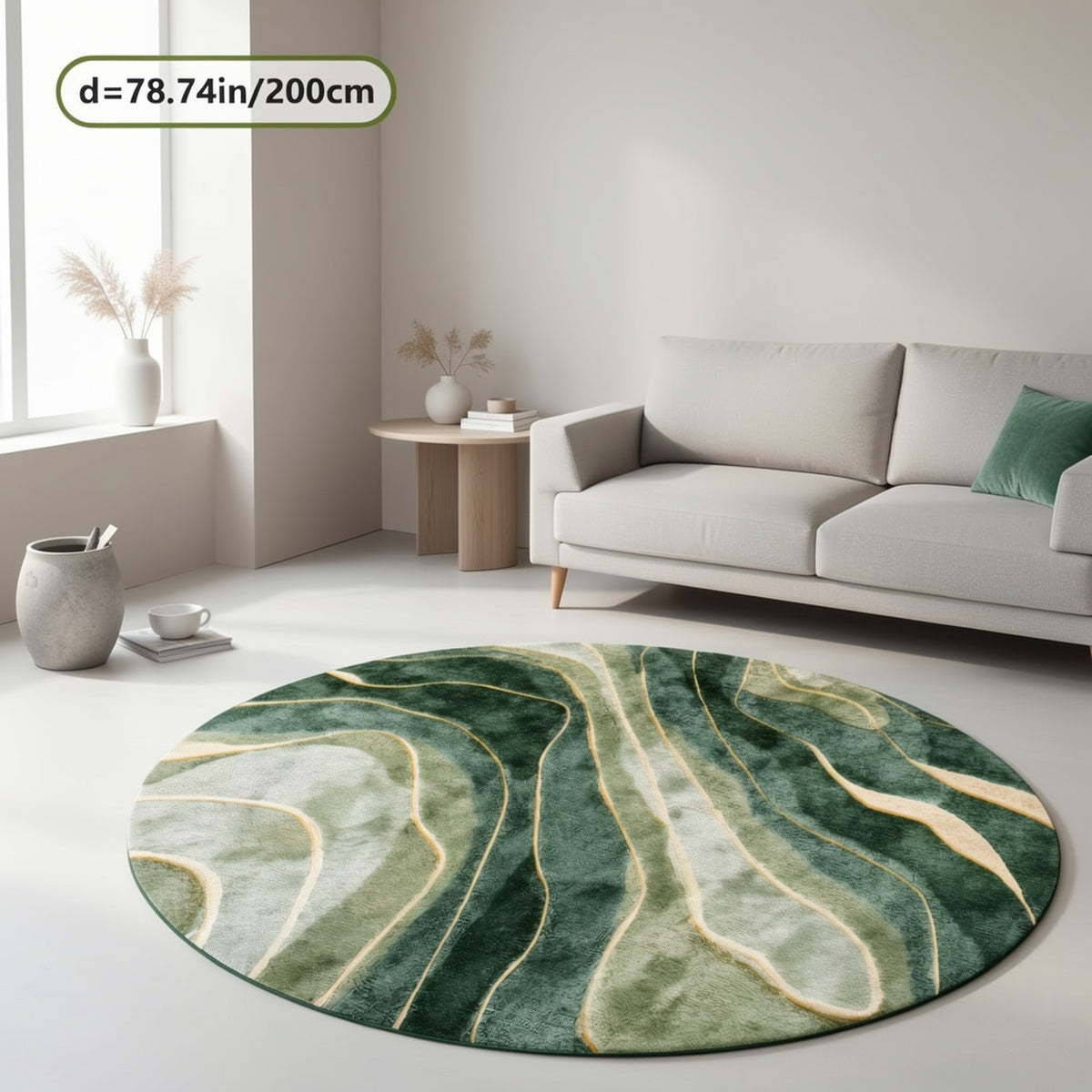 Tapis rond vert émeraude aux veines dorées, effet marbré