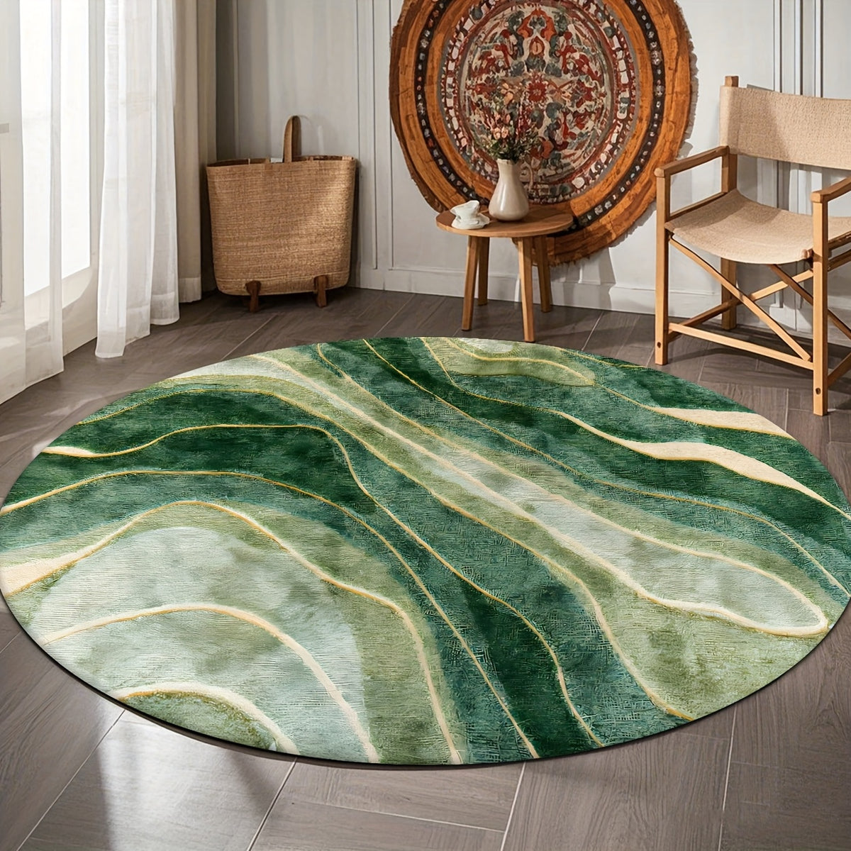 Tapis rond vert émeraude aux veines dorées, effet marbré