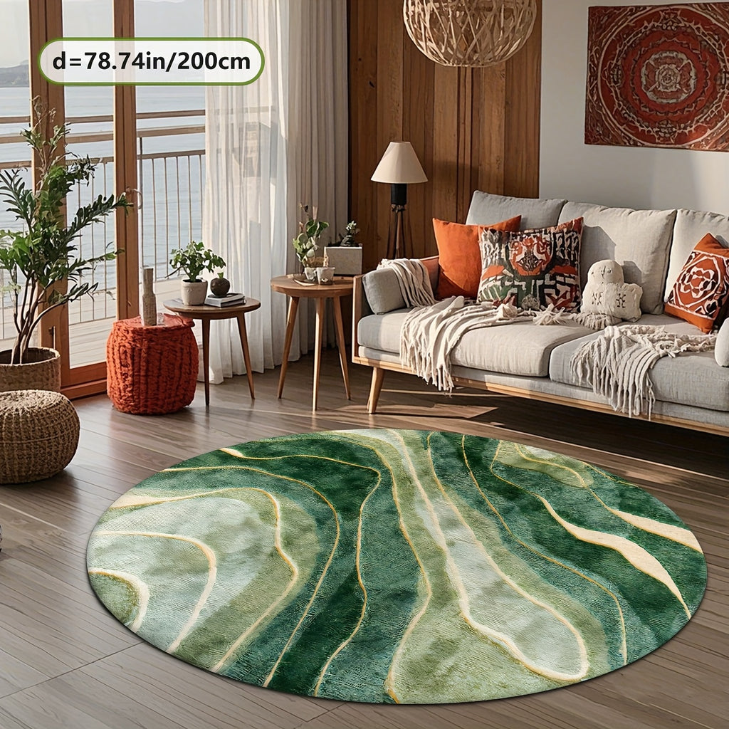 Tapis rond vert émeraude aux veines dorées, effet marbré
