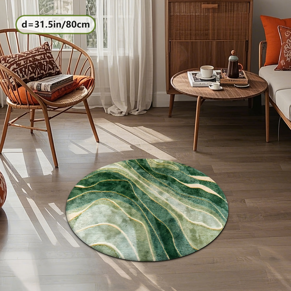 Tapis rond vert émeraude aux veines dorées, effet marbré