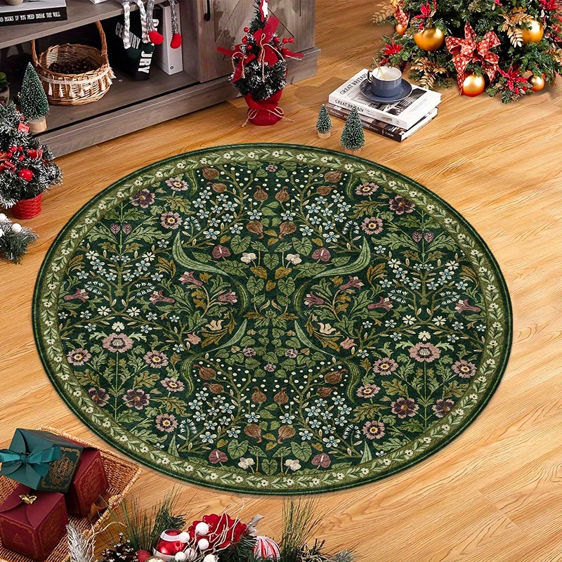 Tapis rond vert bohème à fleurs anciennes, cinq diamètres