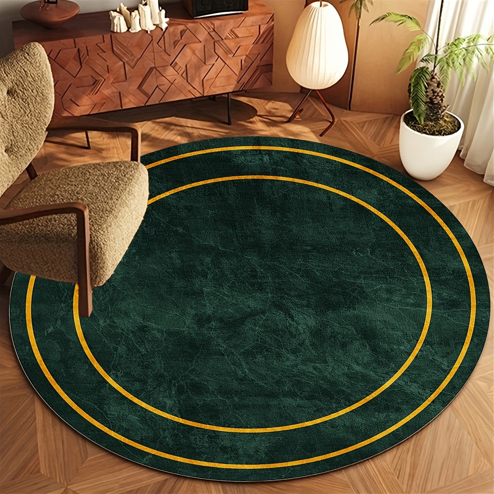 Tapis rond vert foncé marbré à double filet doré, Ø 80 à 180