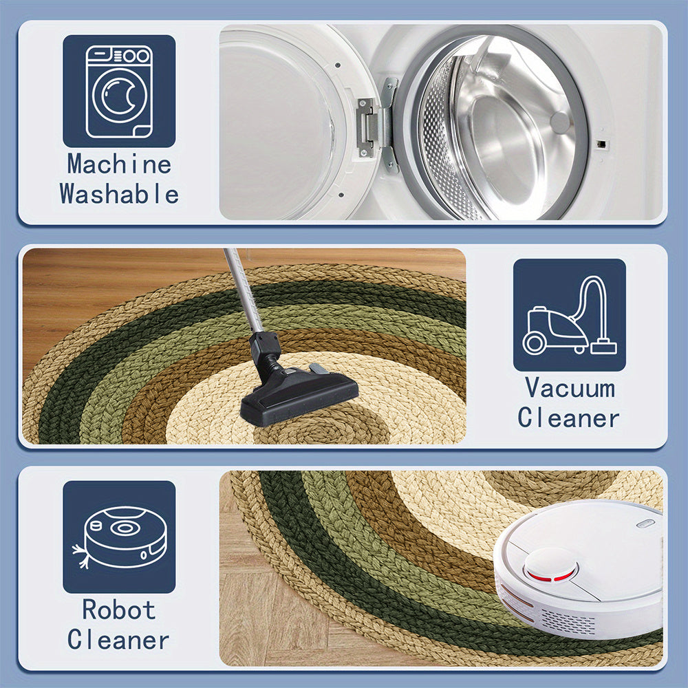 Tapis rond vert forêt, cinq couronnes tressées, six tailles