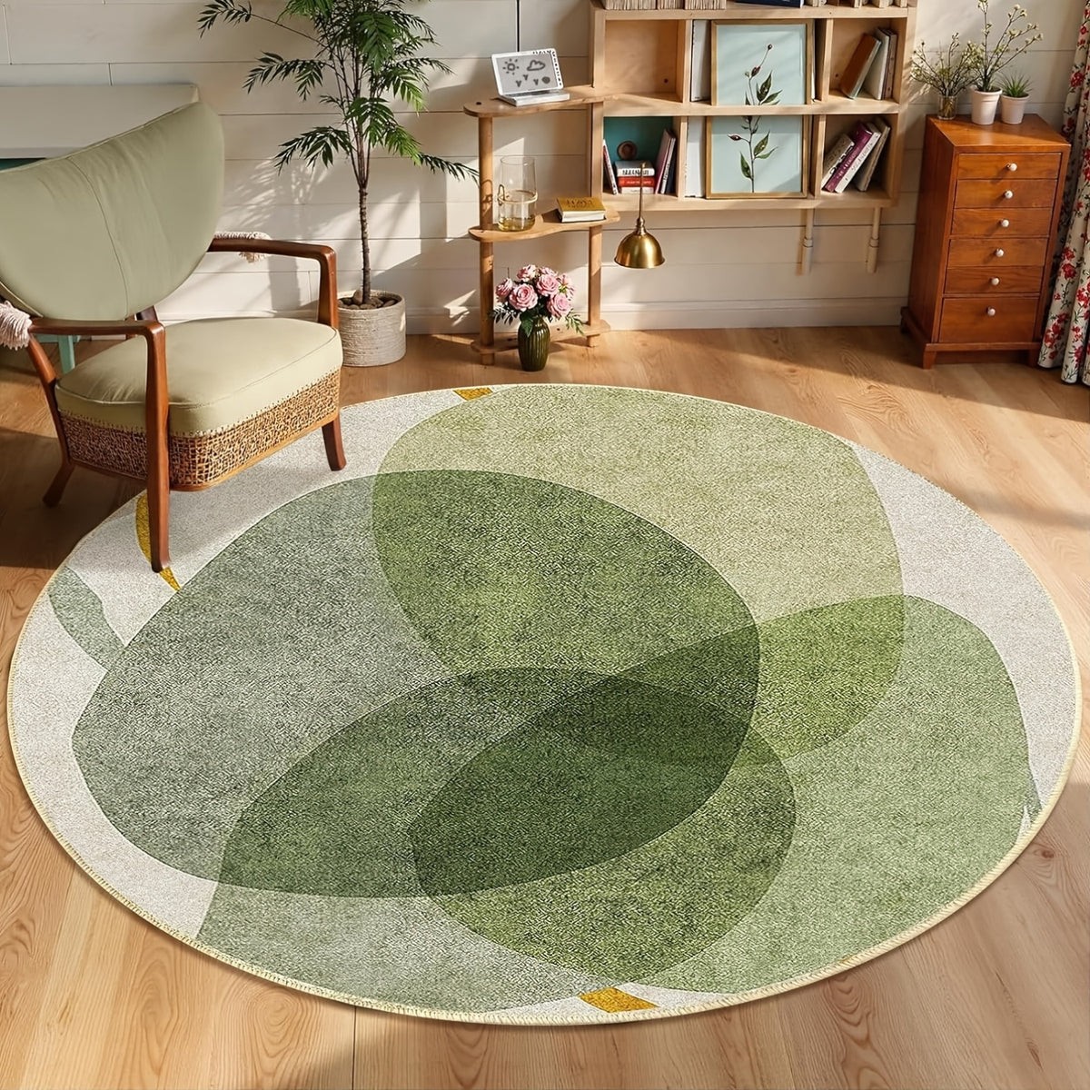 Tapis rond vert à galets peints sur écru, imprimé plat 2D