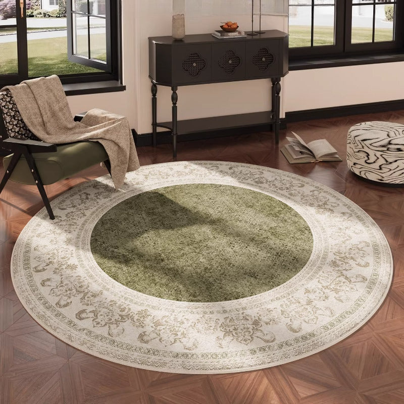 Tapis rond vert imitation cachemire, trois motifs au choix