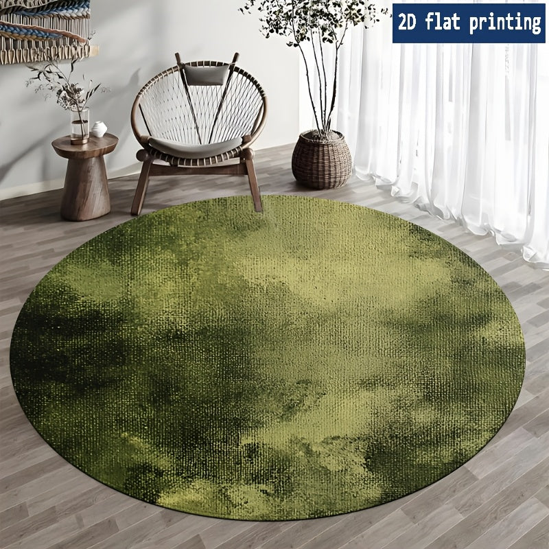 Tapis rond vert olive en lavis d'aquarelle, quatre cotes