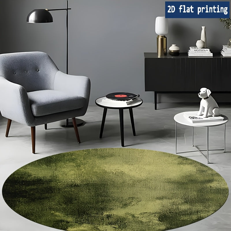 Tapis rond vert olive en lavis d'aquarelle, quatre cotes
