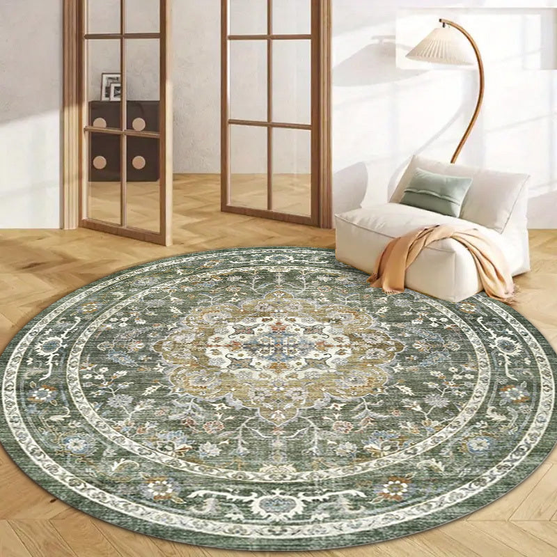 Tapis rond olive à rosace persane et large bordure ivoire