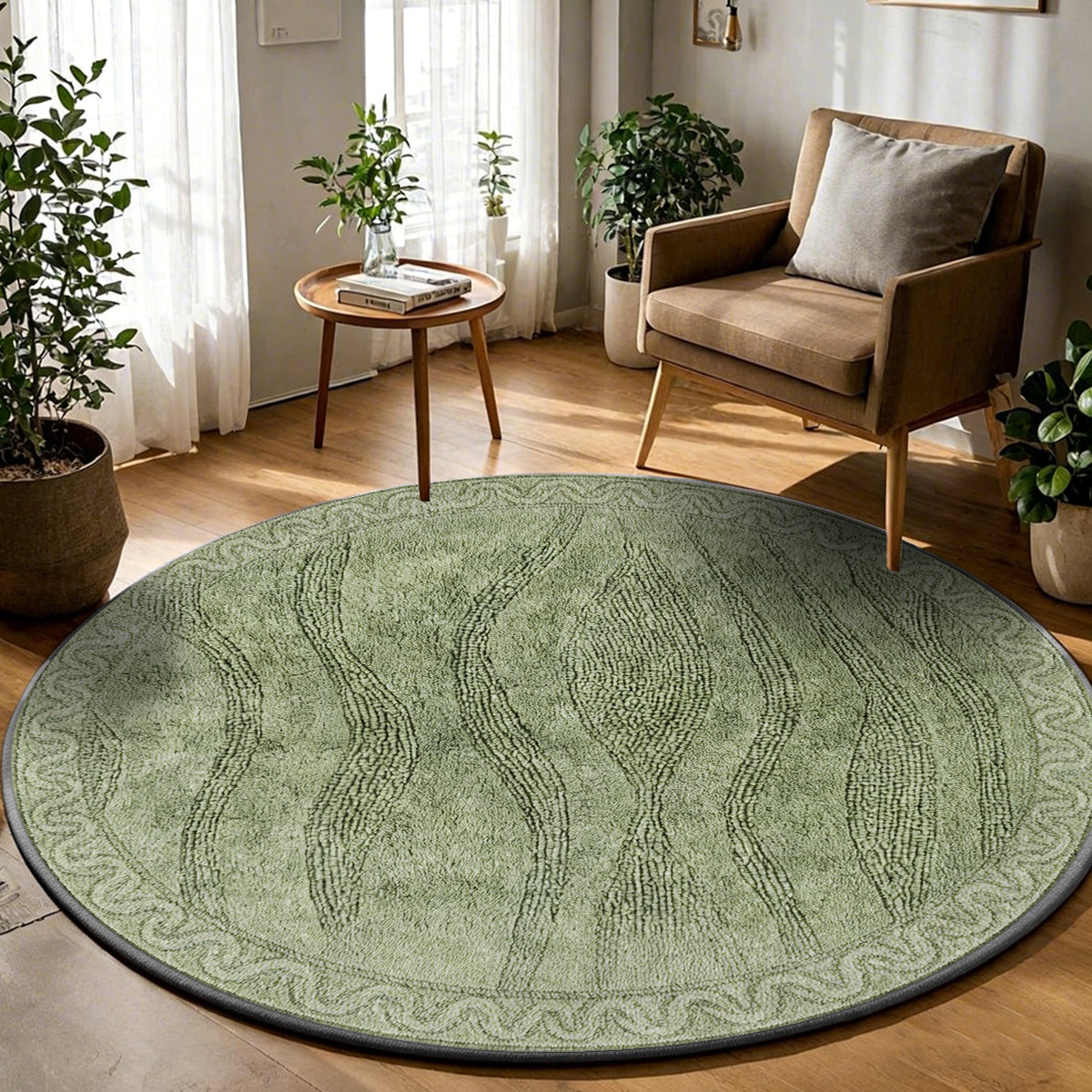 Tapis rond vert olive uni, fond pointu et quatre diamètres