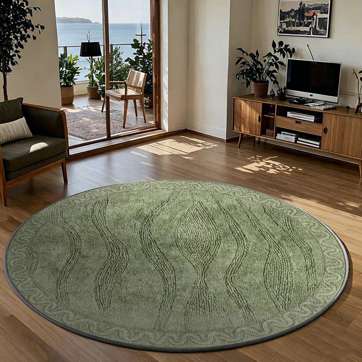 Tapis rond vert olive uni, fond pointu et quatre diamètres