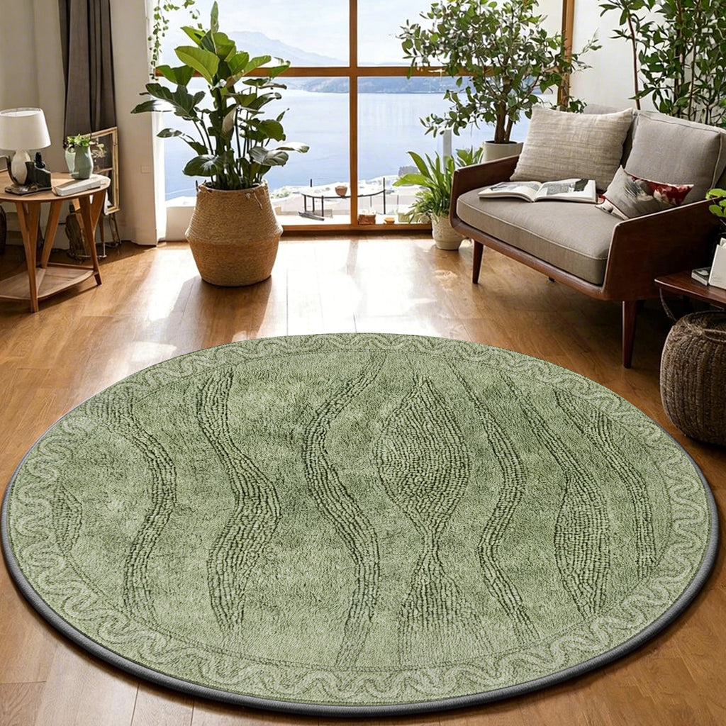 Tapis rond vert olive uni, fond pointu et quatre diamètres