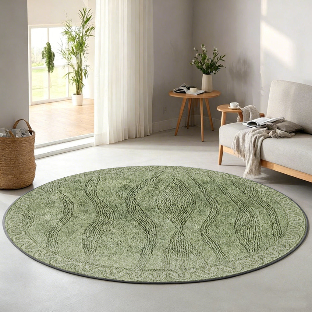 Tapis rond vert olive uni, fond pointu et quatre diamètres