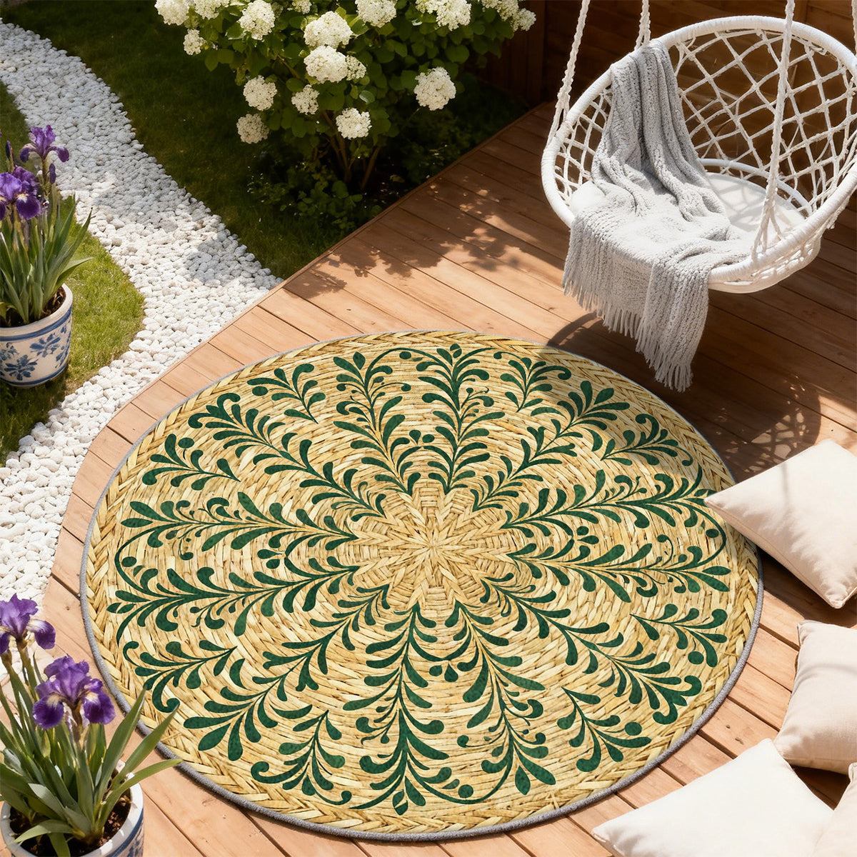 Tapis rond vert et paille à feuillage bohème symétrique
