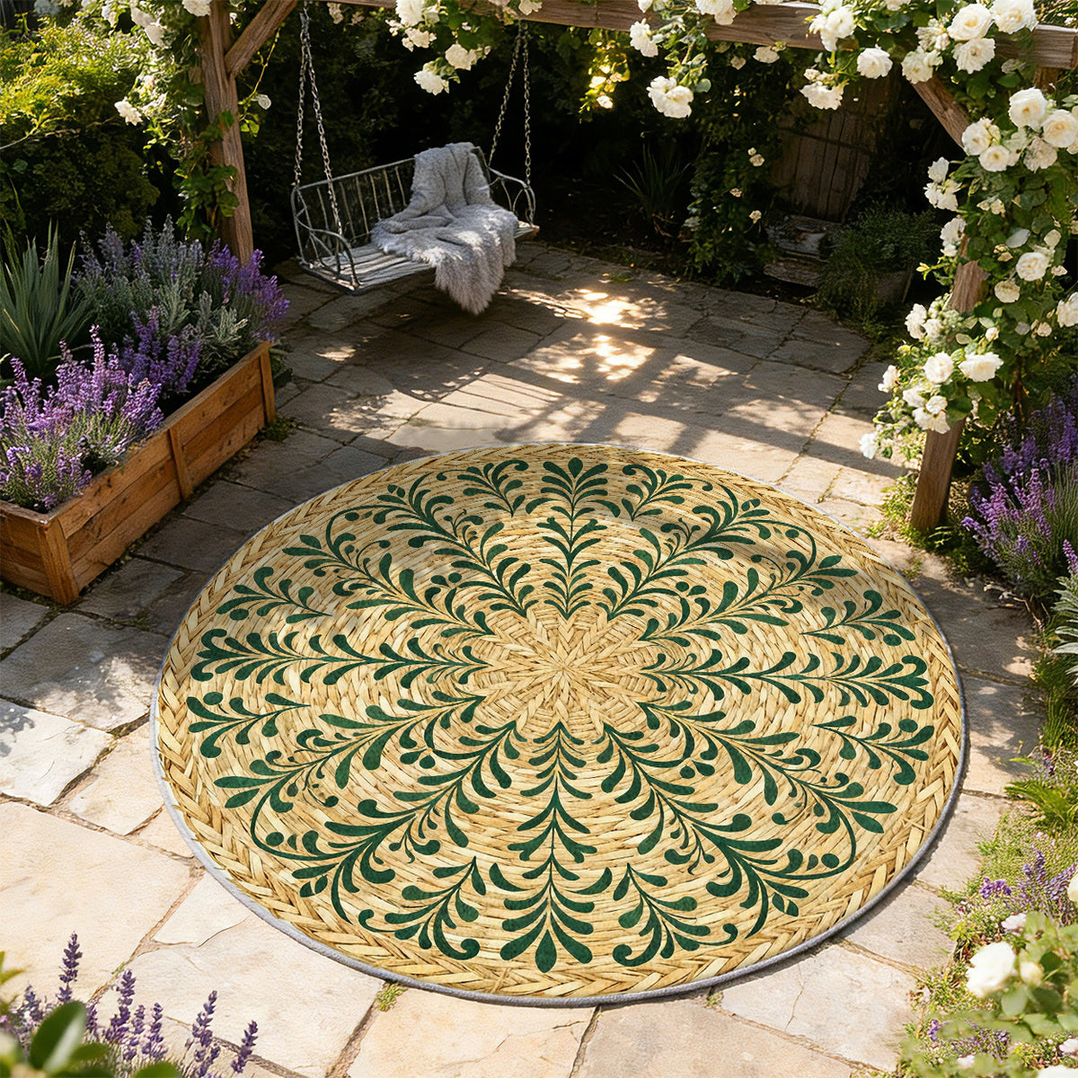 Tapis rond vert et paille à feuillage bohème symétrique
