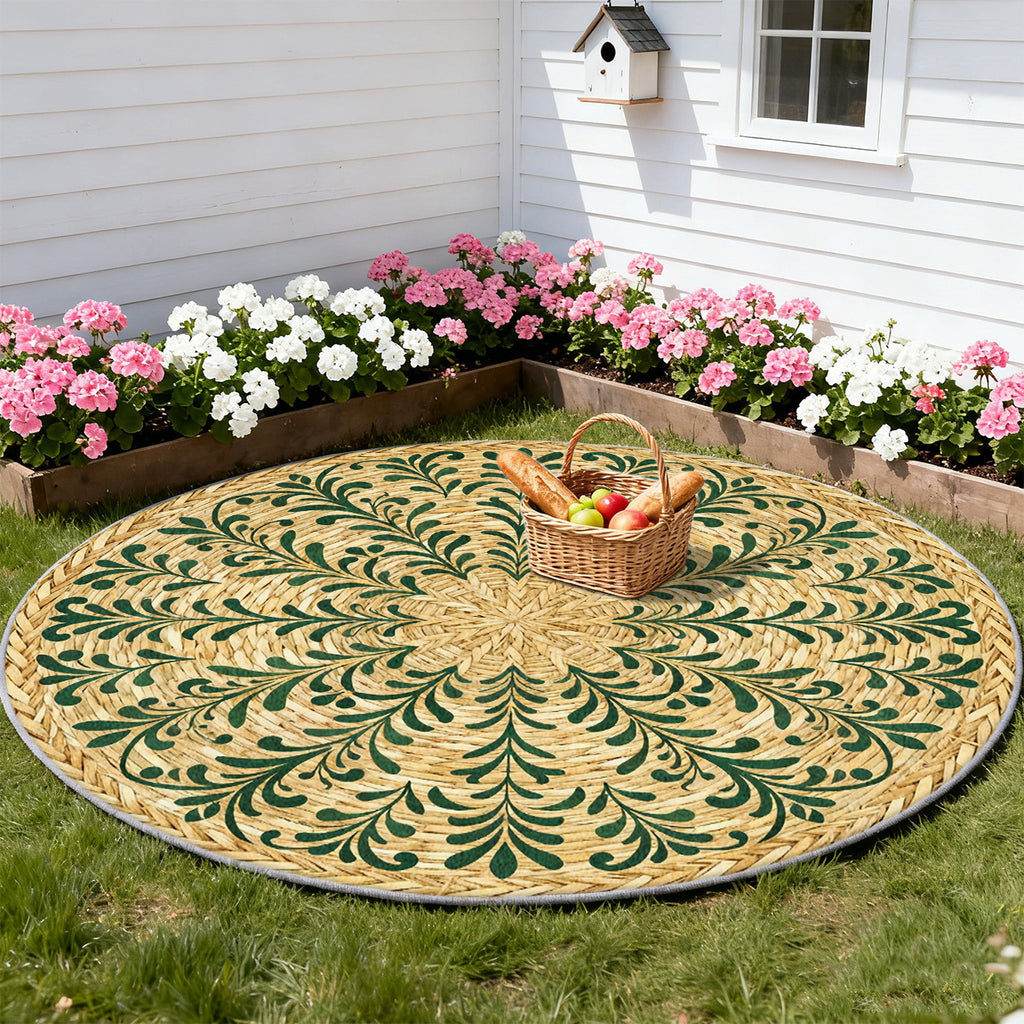 Tapis rond vert et paille à feuillage bohème symétrique