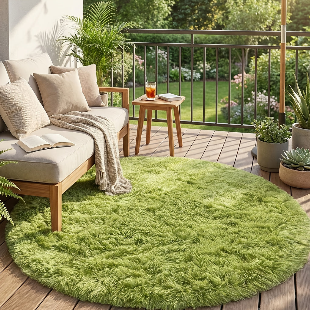 Tapis rond vert mousse à poils longs, dos TPR antidérapant