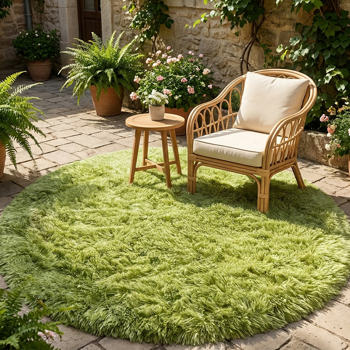 Tapis rond vert mousse à poils longs, dos TPR antidérapant