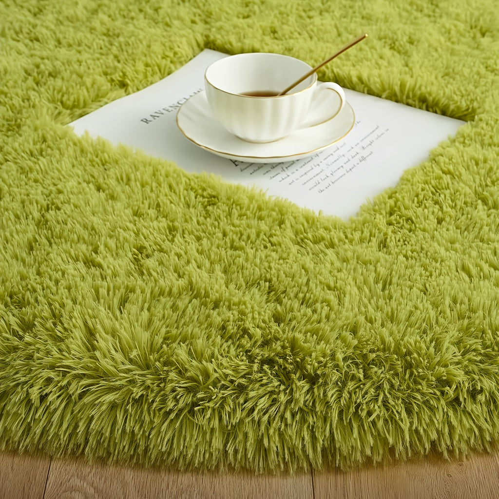 Tapis rond vert mousse à poils longs, dos TPR antidérapant