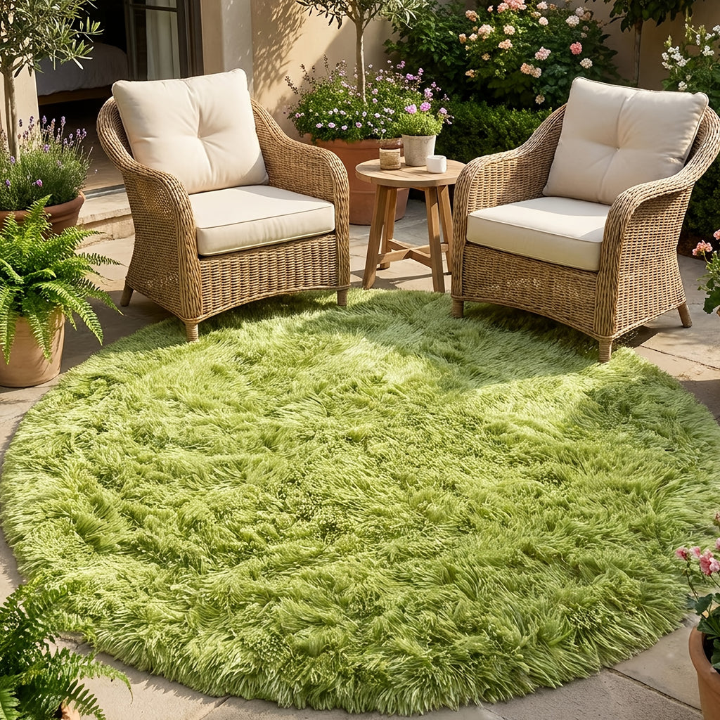 Tapis rond vert mousse à poils longs, dos TPR antidérapant