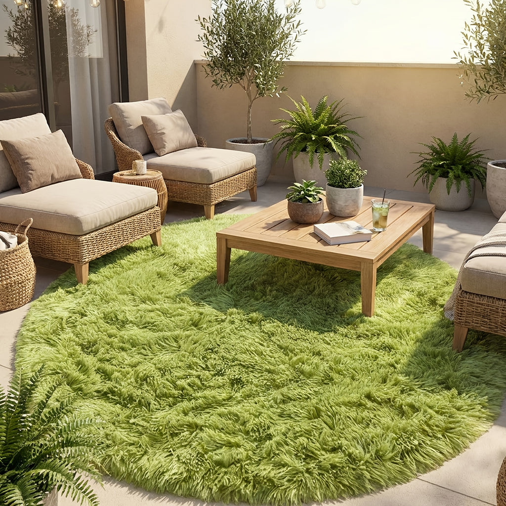 Tapis rond vert mousse à poils longs, dos TPR antidérapant