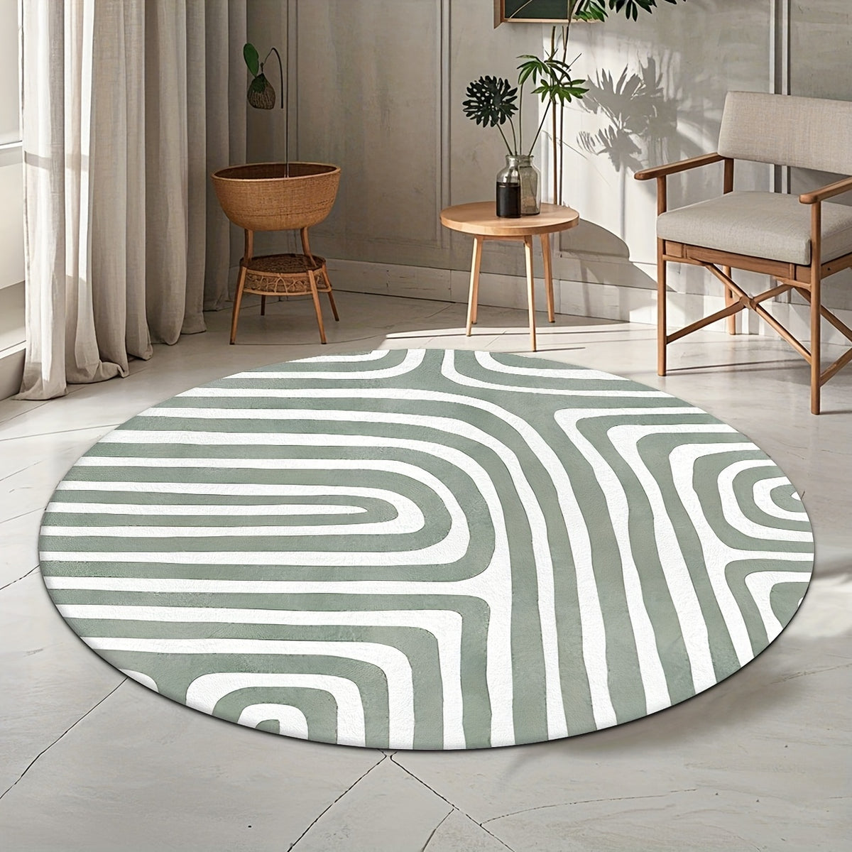 Tapis rond vert sauge, grands arceaux blancs, dos moucheté