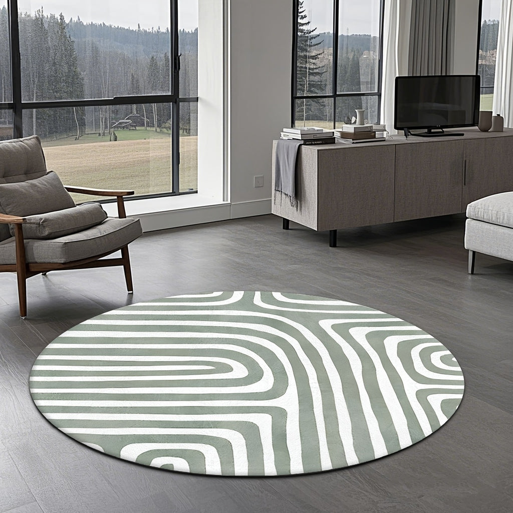 Tapis rond vert sauge, grands arceaux blancs, dos moucheté