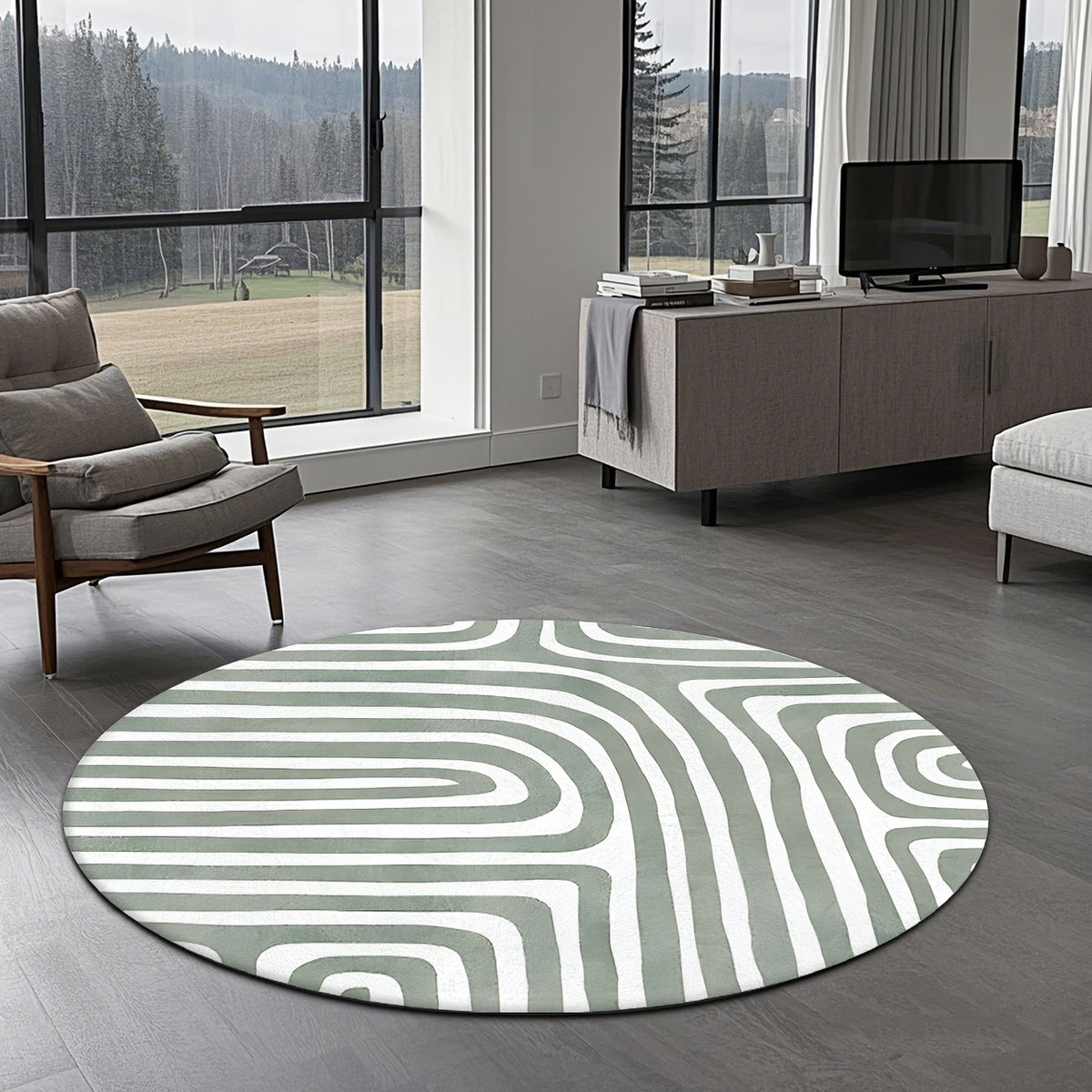 Tapis rond vert sauge, grands arceaux blancs, dos moucheté