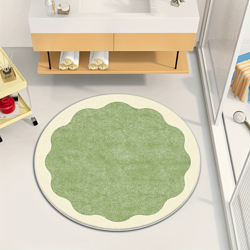 Tapis rond vert sauge à bord festonné crème, dos à points