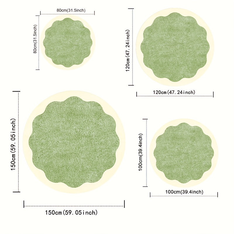 Tapis rond vert sauge à bord festonné crème, dos à points
