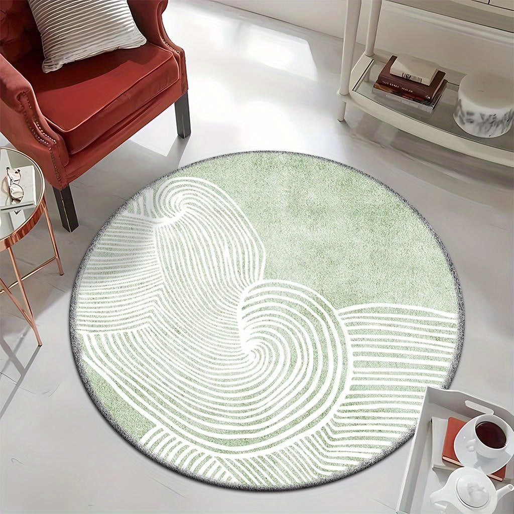 Tapis rond vert sauge à lignes courbes blanches abstraites