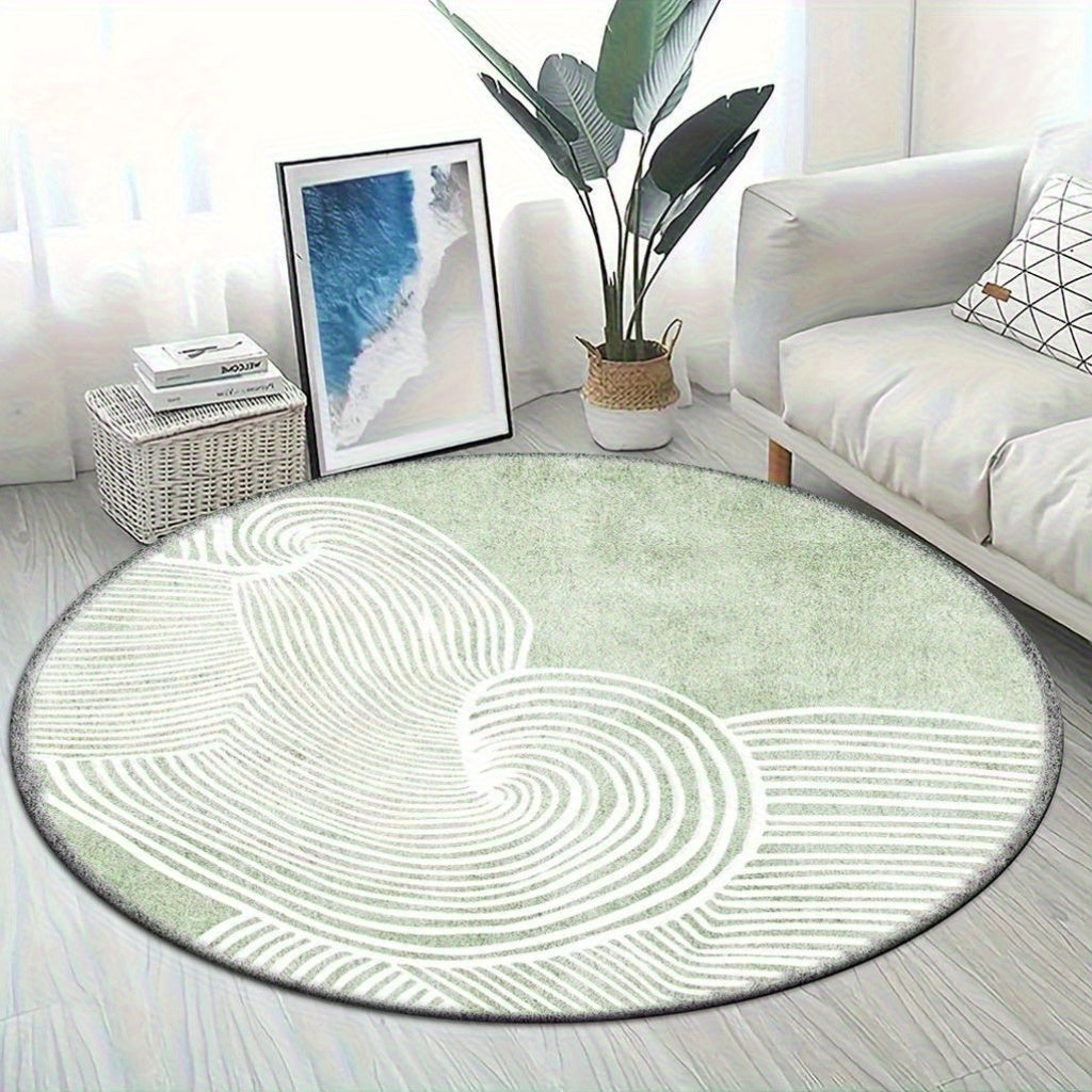 Tapis rond vert sauge à lignes courbes blanches abstraites