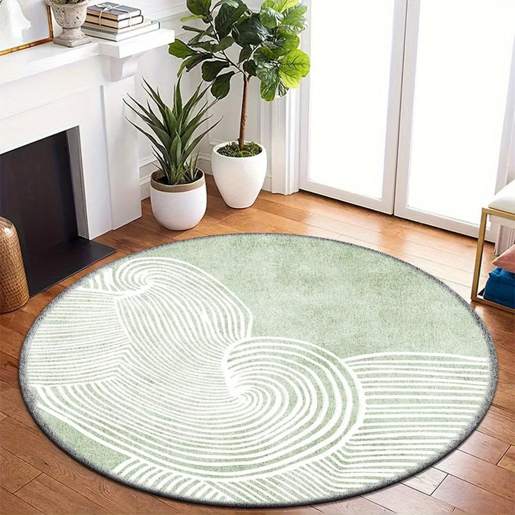 Tapis rond vert sauge à lignes courbes blanches abstraites