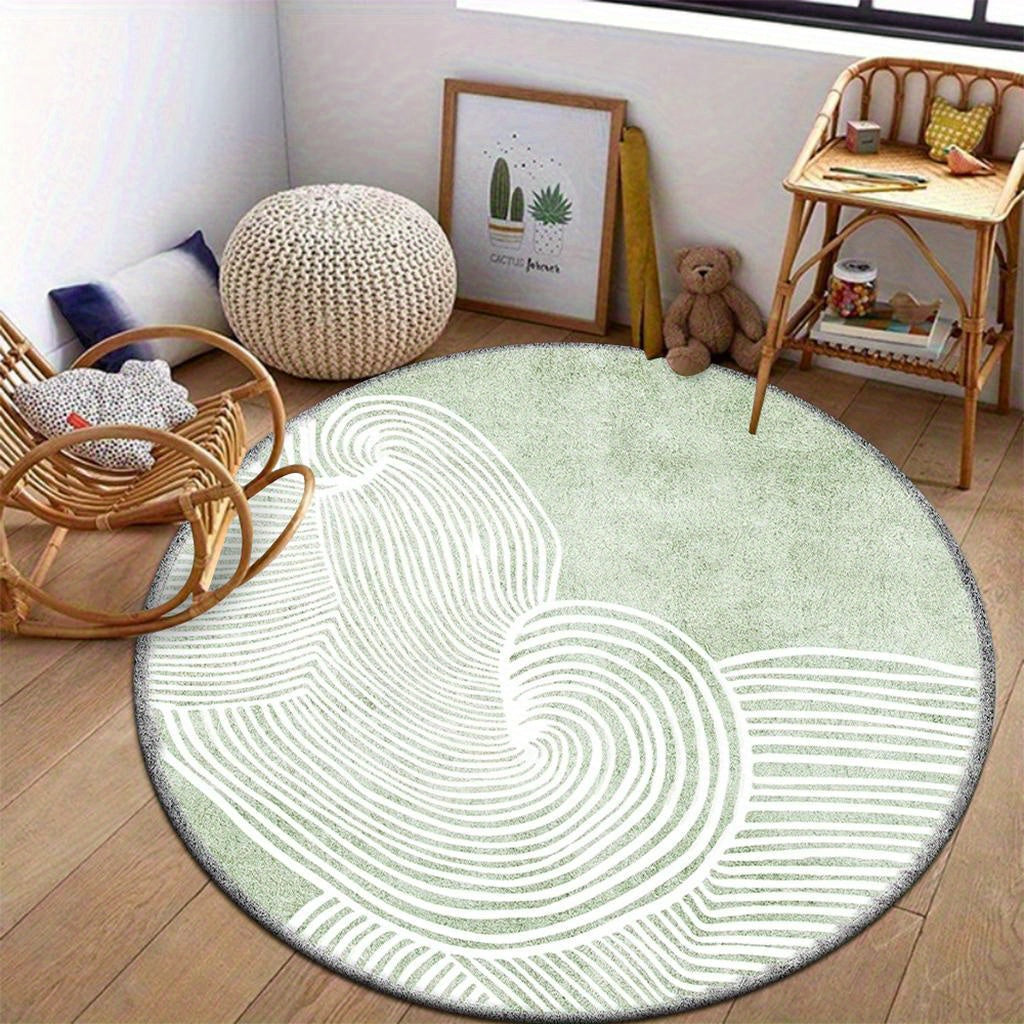 Tapis rond vert sauge à lignes courbes blanches abstraites