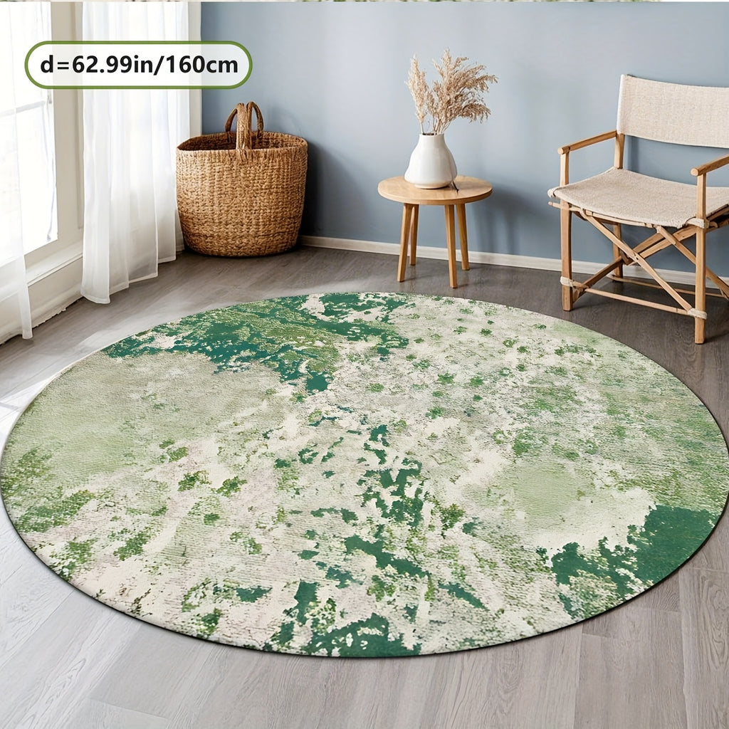 Tapis rond vert sauge effet peinture, dos en caoutchouc