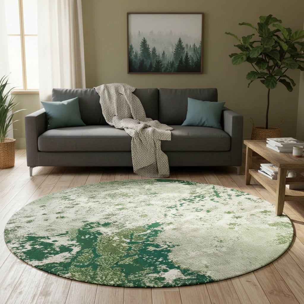 Tapis rond vert sauge effet peinture, dos en caoutchouc