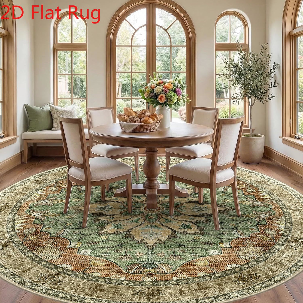 Tapis rond vert sauge à médaillon doré, oriental, Ø 300 cm